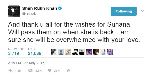 Father Shah Rukh Khan reverted back to all the wishes that Suhana received via Twitter: